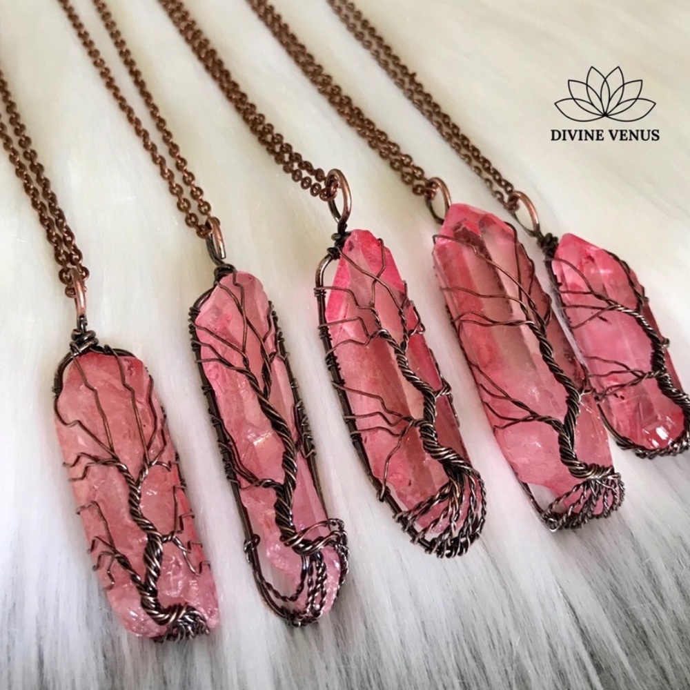 Natural Quartz Wire Wrapped Tree of Life Necklace